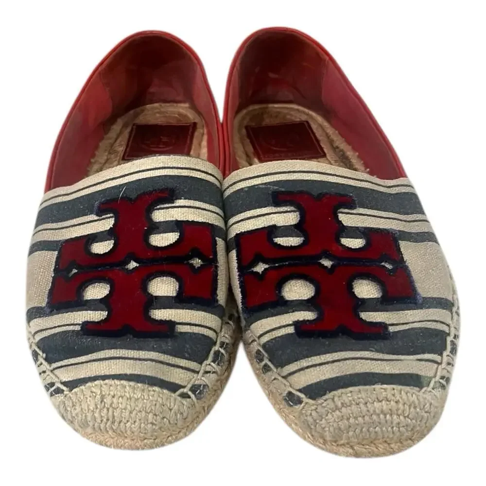 Tory Burch Ines Espadrille Women's Size 7.5 Fil Striped Coupe Red Blue